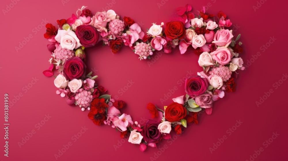 heart shape rose ranunculus buttercup frame red background, ai