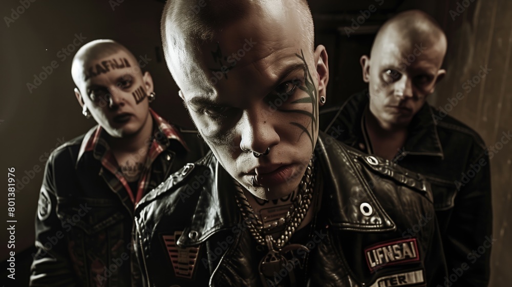 Intense portrait of three punk rock men with distinct facial tattoos and piercings, wearing leather jackets. Intense portrait of three punk rock men with distinct facial tattoos and piercings, wearing leather jackets.