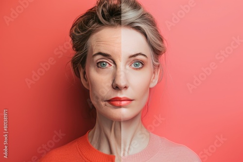 Explore beauty regimen effects on aging split representation  facial effects from bleaching  and face lifting divided into two stages.