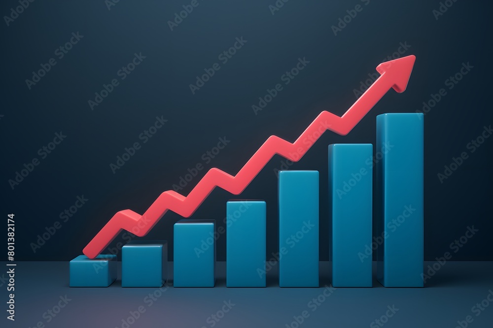 3D bar chart with blue shades rising left to right, pink zigzag line 3D bar chart with blue shades rising left to right, pink zigzag line