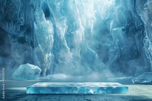 Ice cave with a glowing blue crystal in the center.