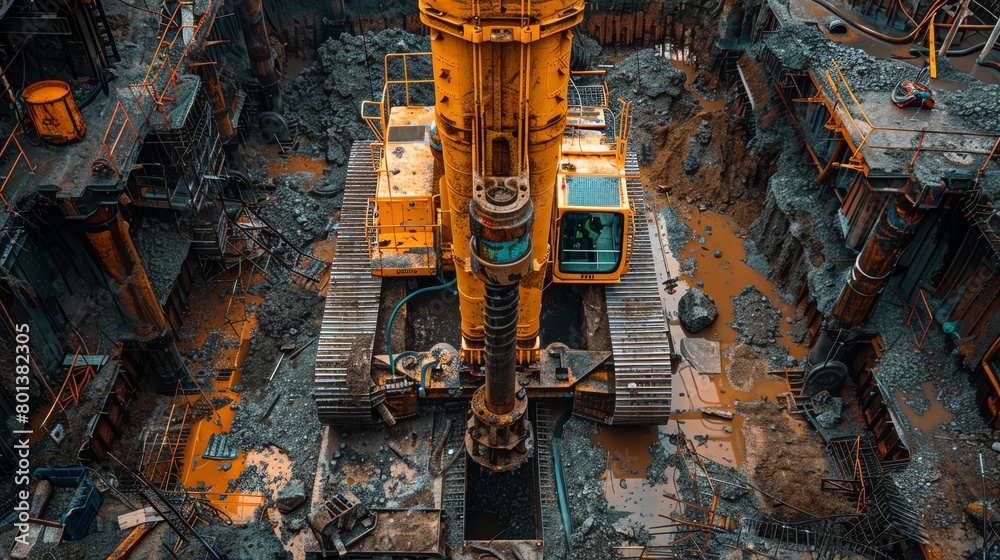 A large yellow drilling machine is working on a construction site. The machine is surrounded by dirt and debris.