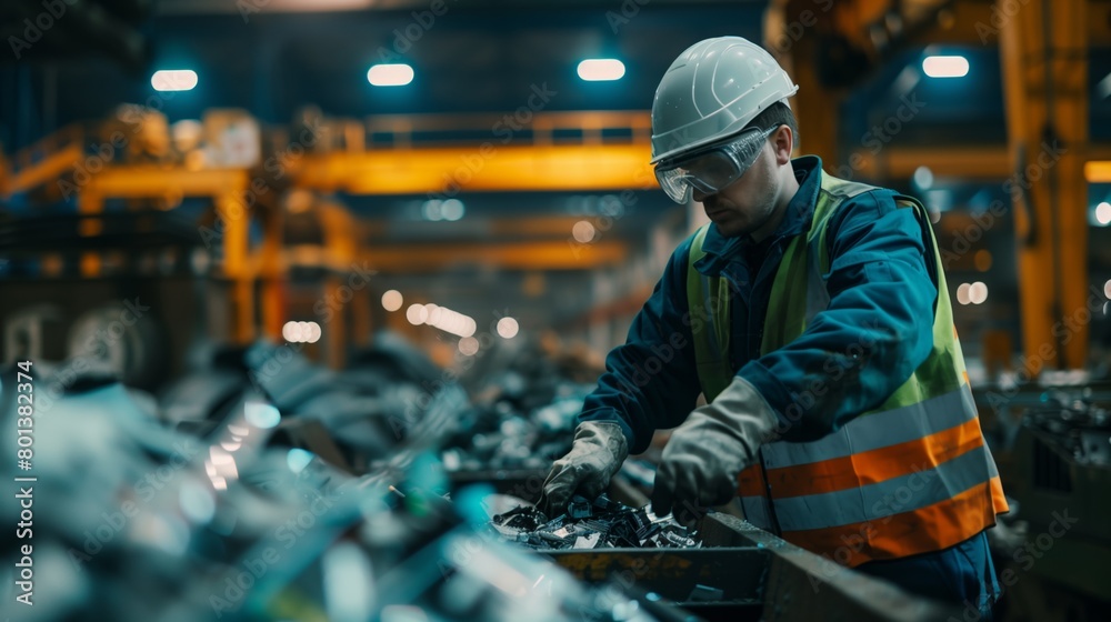 A male worker wearing safety gear sorting materials in an industrial recycling facility. A male worker wearing safety gear sorting materials in an industrial recycling facility.