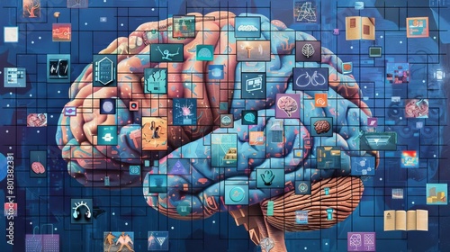 A digital mosaic of a brain, where each tile is a mini screen showing different AI algorithms at work, illustrating their impact on neural processes