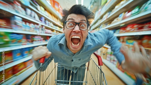 Dynamic image of a man yelling joyfully while pushing a shopping cart in a grocery store aisle.