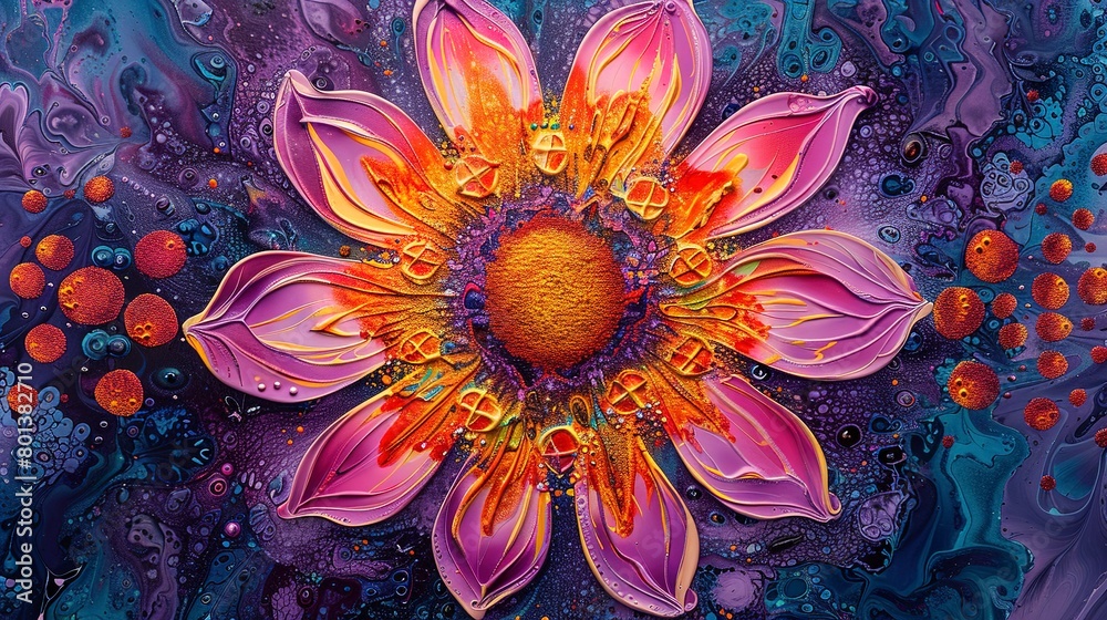 Obraz premium Abstract background featuring a close-up of a floral mandala, radiating with energy and vibrant hues. 