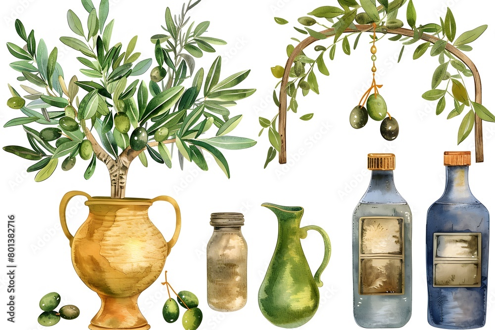 watercolor olive tree, leaves and olives in golden vases, oil bottles ...