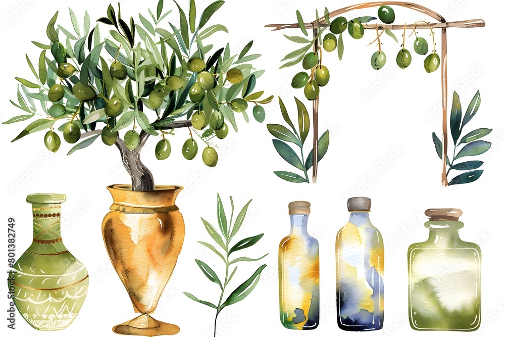 watercolor olive tree, leaves and olives in golden vases, oil bottles ...