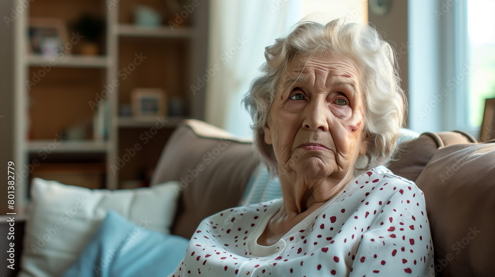 copy space, stockphoto, elderly woman with some bruises in her face, realistic skin, sitting on a sofa in the living room. Elderly care, Loneliness theme, retired people. Elderly woman in pain, suffer