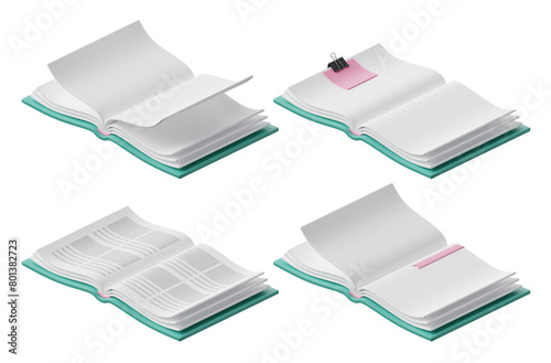 3D open books with blanck pages set
