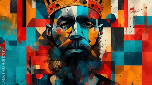 A digital illustration of a Kingman rendered in a cubist style, with fragmented aspects of his face and crown in bold colors