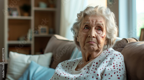 copy space, stockphoto, elderly woman with some bruises in her face, realistic skin, sitting on a sofa in the living room. Elderly care, Loneliness theme, retired people. Elderly woman in pain, suffer