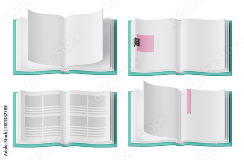 3D open books with blanck pages set