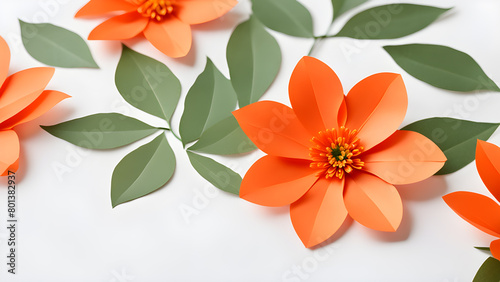 Paper flowers with leaves on white background, closeup. Space for text