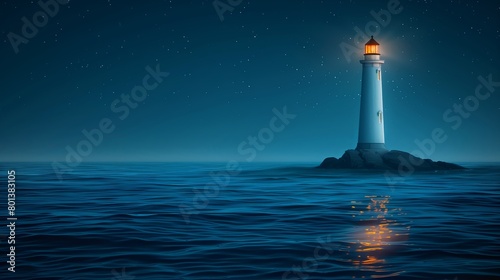 Lighthouse shining brightly on the sea, minimalistic with retro colors