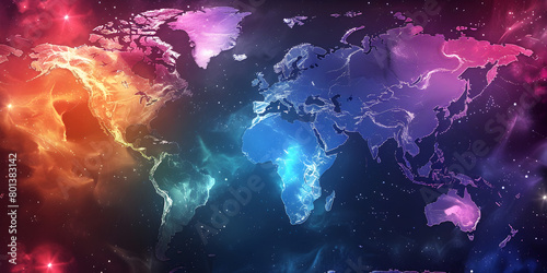A vibrant map of the world featuring different countries continents and oceans in various bright photo