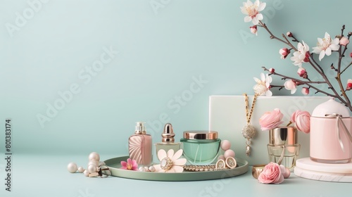 Luxury Perfume Bottles and Jewelry with Blossoming Flowers on Mint Green Background for Feminine Beauty and Elegant Lifestyle Decor