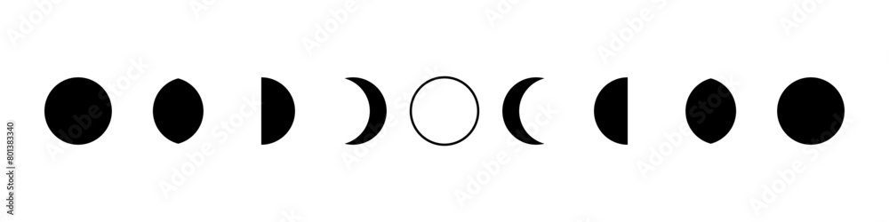 Lunar phases and moon cycles. Waxing and waning shape. Crescent sign and changes in the calendar. Elements for design in astrology and space. Lunar phases and moon cycles. Waxing and waning shape. Crescent sign and changes in the calendar. Elements for design in astrology and space.