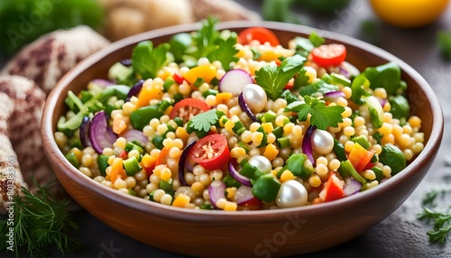 Pearl couscous salad with fresh vegetables and herbs 