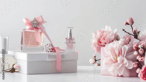 Elegant Pink Perfume Bottles with Gift Box and Blossoming Flowers on White Background for Luxury Beauty and Romantic Celebration