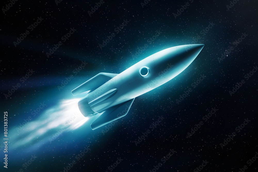 A futuristic rocket illuminates blue, soaring through a starry sky with a bright trail A futuristic rocket illuminates blue, soaring through a starry sky with a bright trail