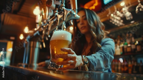 A female bartender serving a frothy beer at a pub with glowing bar taps in background.