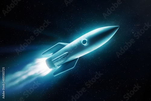 A futuristic rocket illuminates blue, soaring through a starry sky with a bright trail