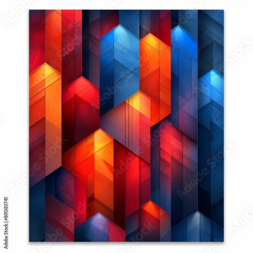 Create a modern geometric abstract painting using bright red orange yellow blue and purple colors