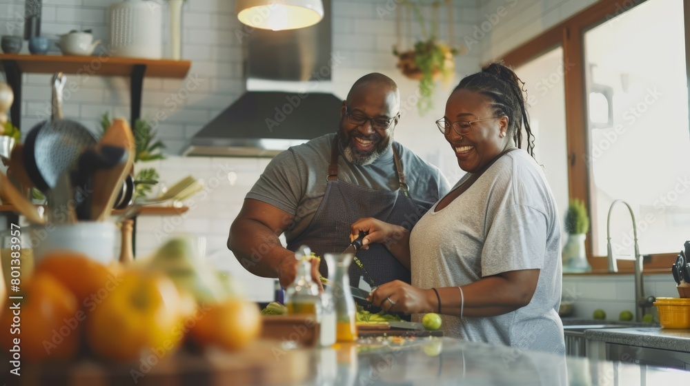 Cheerful couple in kitchen preparing fresh meal, promoting health and togetherness. Cheerful couple in kitchen preparing fresh meal, promoting health and togetherness.