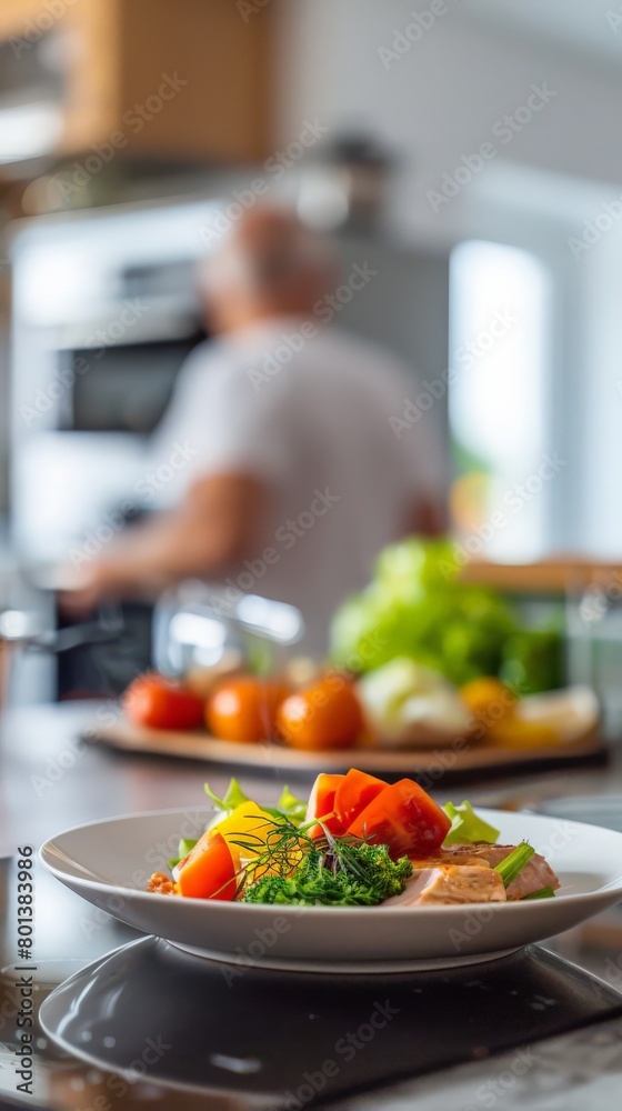 Healthy meal in focus with blurred man in background. Lifestyle change concept Healthy meal in focus with blurred man in background. Lifestyle change concept