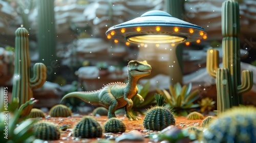 A cartoon dinosaur is abducted by a UFO in the desert