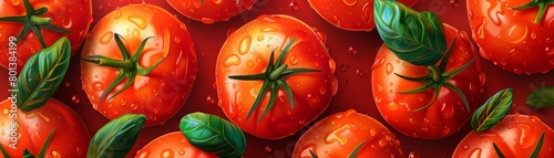 A close up of ripe red tomatoes with water drops and green basil leaves on a red background.