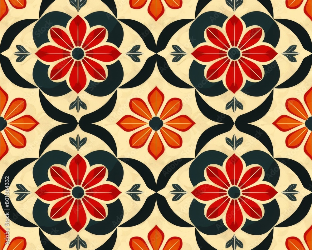 A repeating pattern of red and orange flowers with green leaves on a cream background. The flowers have multiple petals and are surrounded by a black outline. A repeating pattern of red and orange flowers with green leaves on a cream background. The flowers have multiple petals and are surrounded by a black outline.