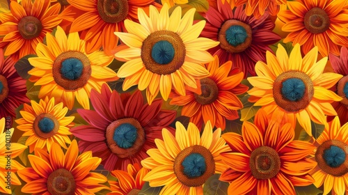 A field of sunflowers in bloom  with a warm autumnal color palette.