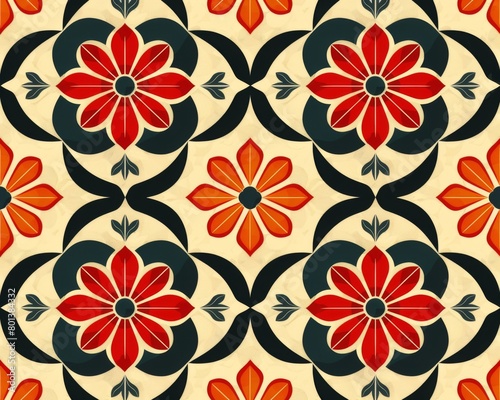 A repeating pattern of red and orange flowers with green leaves on a cream background. The flowers have multiple petals and are surrounded by a black outline.