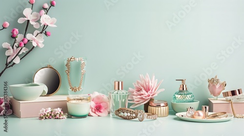 Luxury Perfume Bottles, Jewelry, and Makeup Accessories Arranged with Pink Blossoms on Pastel Green Background for Beauty Display