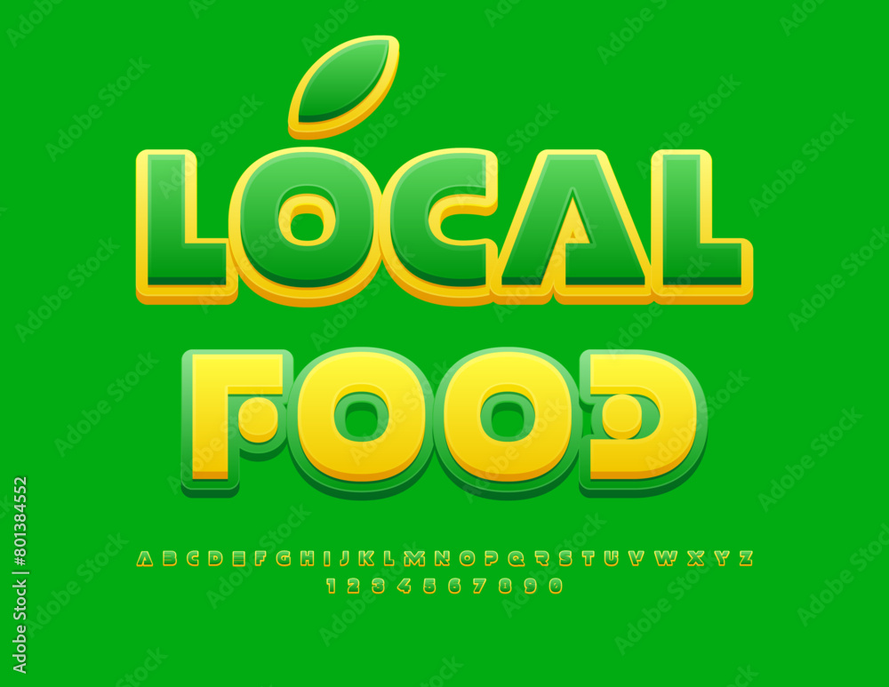 Vector eco template Local Food. Futuristic style Font. Exclusive Green Alphabet Letters and Numbers set. Vector eco template Local Food. Futuristic style Font. Exclusive Green Alphabet Letters and Numbers set.