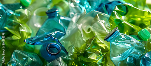 Background or banner of plastic bottles of different colors for recycling. Concept of recycling, waste management, and environment