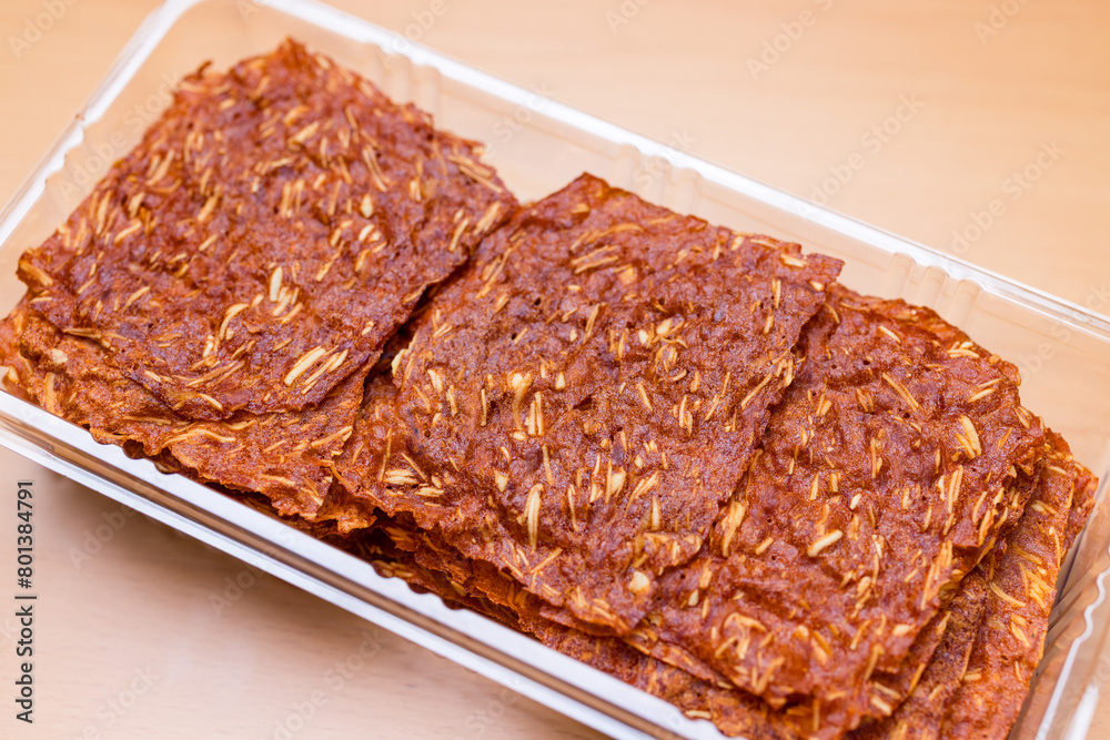 Close up sliced sheets of dried sweet pork Close up sliced sheets of dried sweet pork