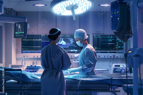 A high-resolution doctor and nurse, performing a procedure in an operating room, Surgery doctor in Hospital environment and surgical equipment and monitors. OR room.