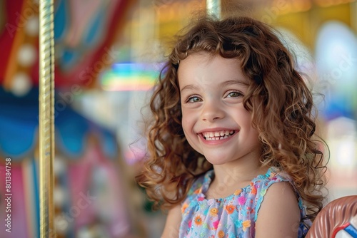 Joyful Spin: Happy Young Girl Radiates Excitement on Carousel