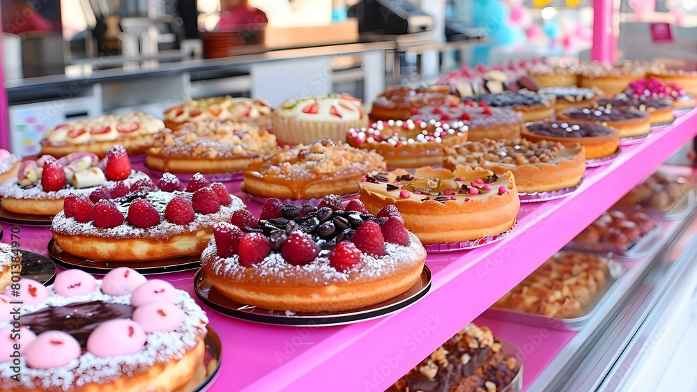 Showcasing Baked Goods in a Bakery or Coffee Shop to Attract Customers. Concept Baked Goods Display, Bakery Aesthetics, Customer Interaction, Freshly Brewed Coffee, Appetizing Treats