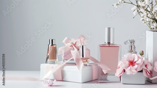 Luxury Perfume Bottles and Gift Boxes Decorated with Pink Flowers and Ribbons on Elegant White Background for Romantic Celebration