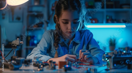 Young girl focused on assembling electronic components in a well-equipped workshop with ambient lighting.