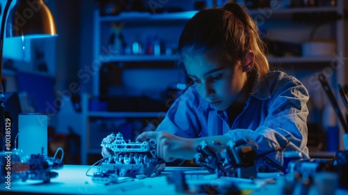 Young girl focusing intensely on assembling a robotic project in a dimly lit workshop.