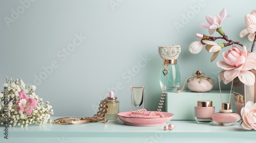 Elegant Perfume Bottles, Jewelry, and Pink Flowers Arranged on Pastel Background for Luxury Beauty and Romantic Lifestyle Display
