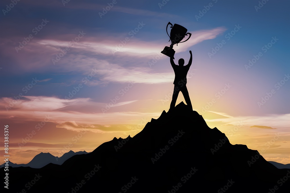 Silhouette on mountain peak at sunset holding trophy, symbolizing achievement against vibrant sky