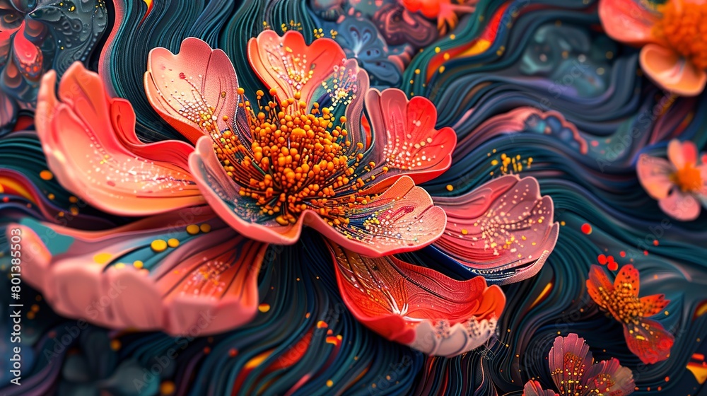 Bold and imaginative abstract background, focusing on close-up psychedelic florals for a captivating, dream-like effect.