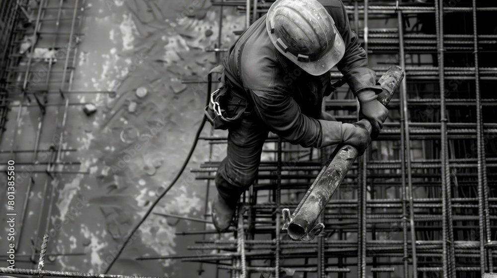 Black and white image of a construction worker wielding a large hammer on a rebar structure. Black and white image of a construction worker wielding a large hammer on a rebar structure.