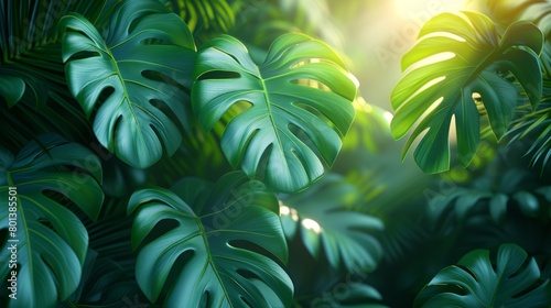 Tropical jungle Monstera plant leaves. Jungle wall background. Green tropical palm leaves with monstera foliage forest